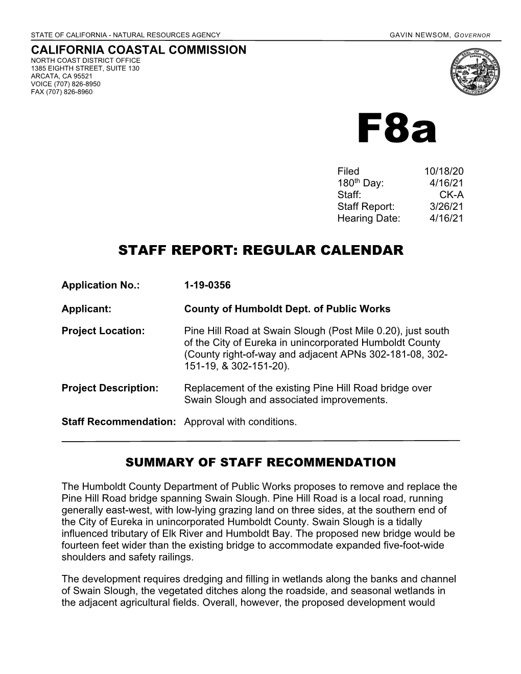 Staff Report: Regular Calendar