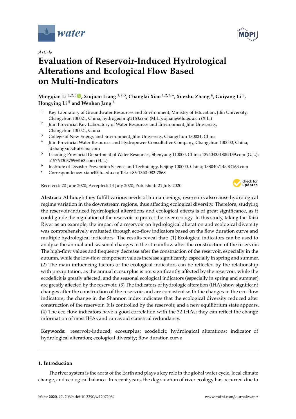 Evaluation of Reservoir-Induced Hydrological Alterations and Ecological Flow Based on Multi-Indicators