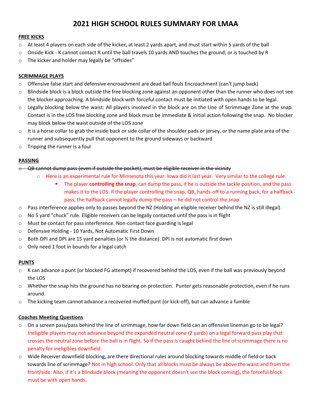 2021 High School Rules Summary for Lmaa