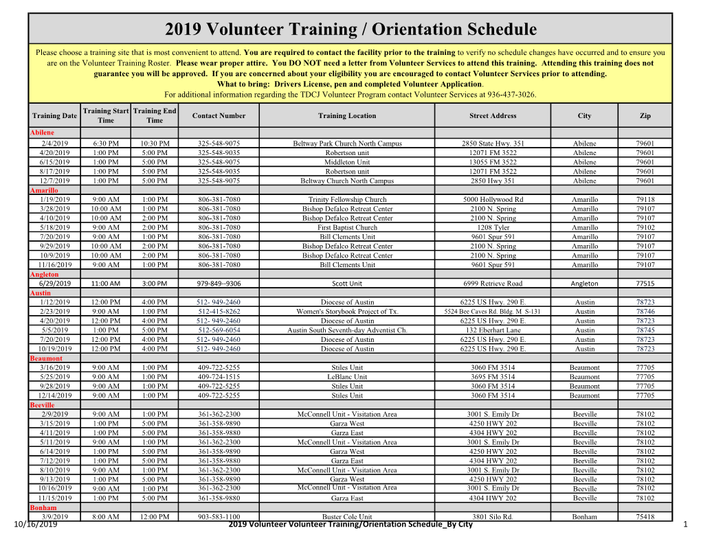 2019 Volunteer Training / Orientation Schedule