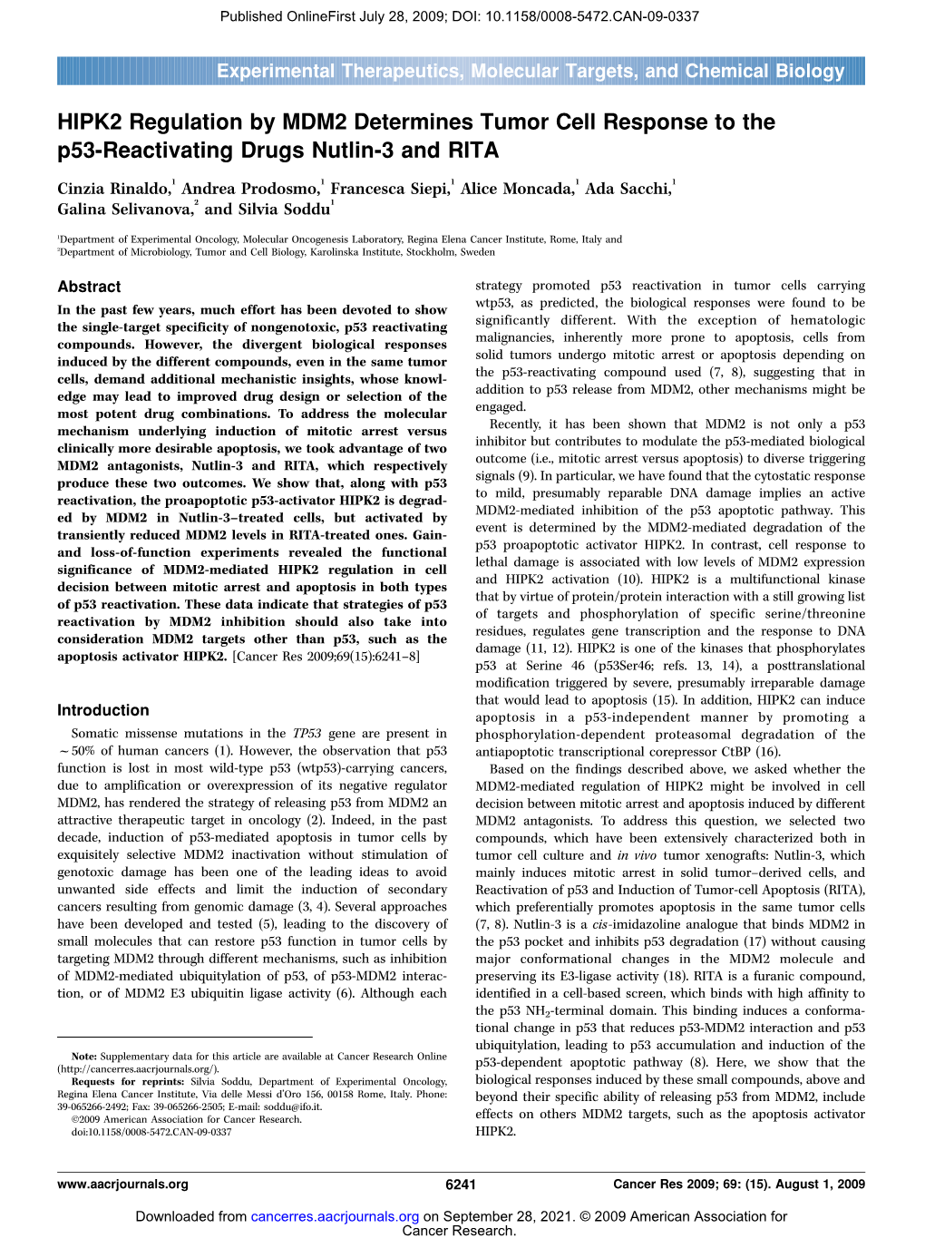 HIPK2 Regulation by MDM2 Determines Tumor Cell Response