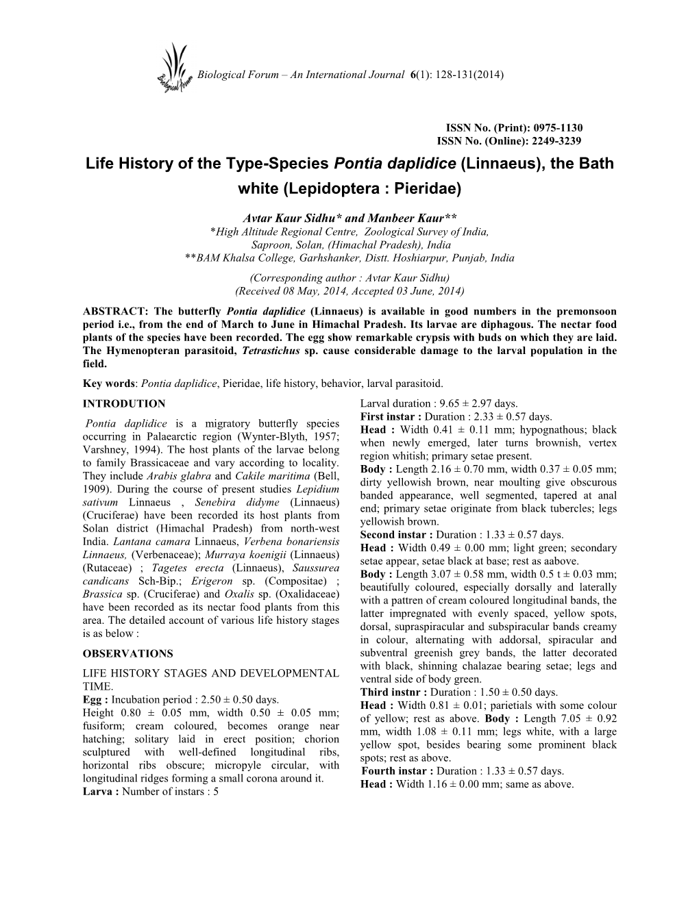 Life History of the Type-Species Pontia Daplidice (Linnaeus), The