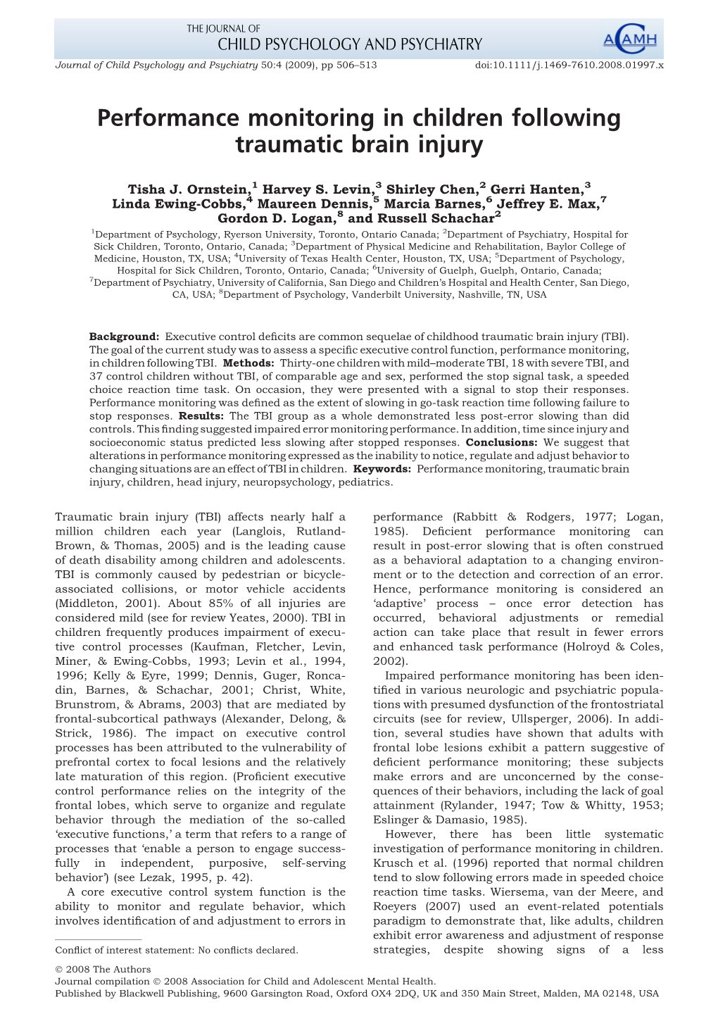 Performance Monitoring in Children Following Traumatic Brain Injury