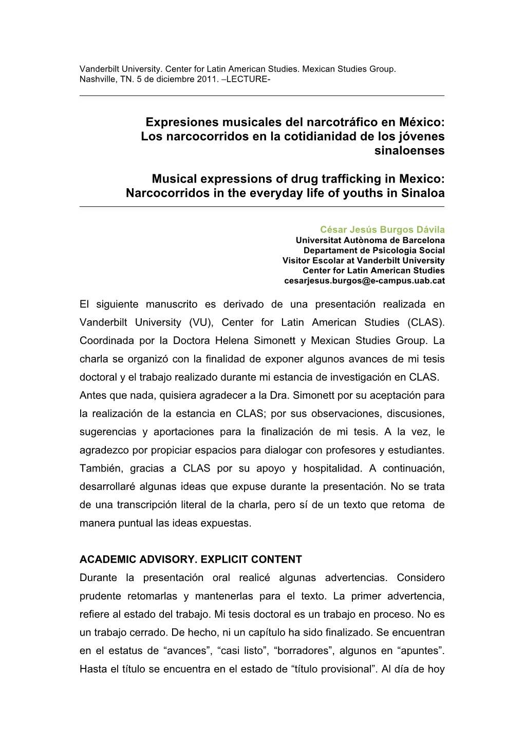 Expresiones Musicales Del Narcotráfico En México: Los Narcocorridos En La Cotidianidad De Los Jóvenes Sinaloenses