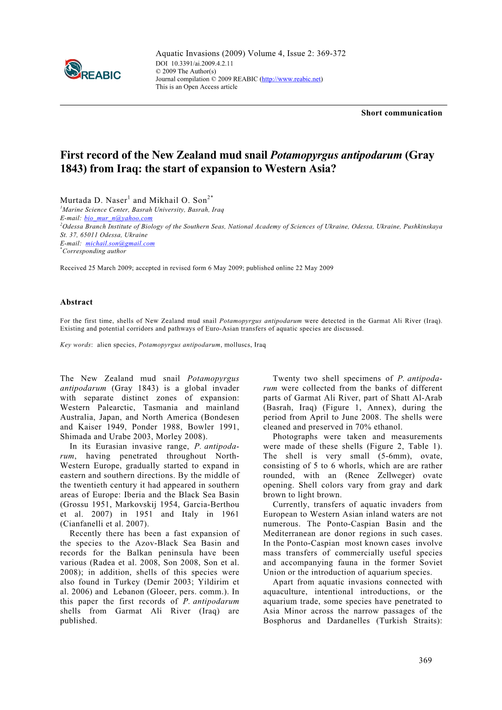 First Record of the New Zealand Mud Snail Potamopyrgus Antipodarum (Gray 1843) from Iraq: the Start of Expansion to Western Asia?