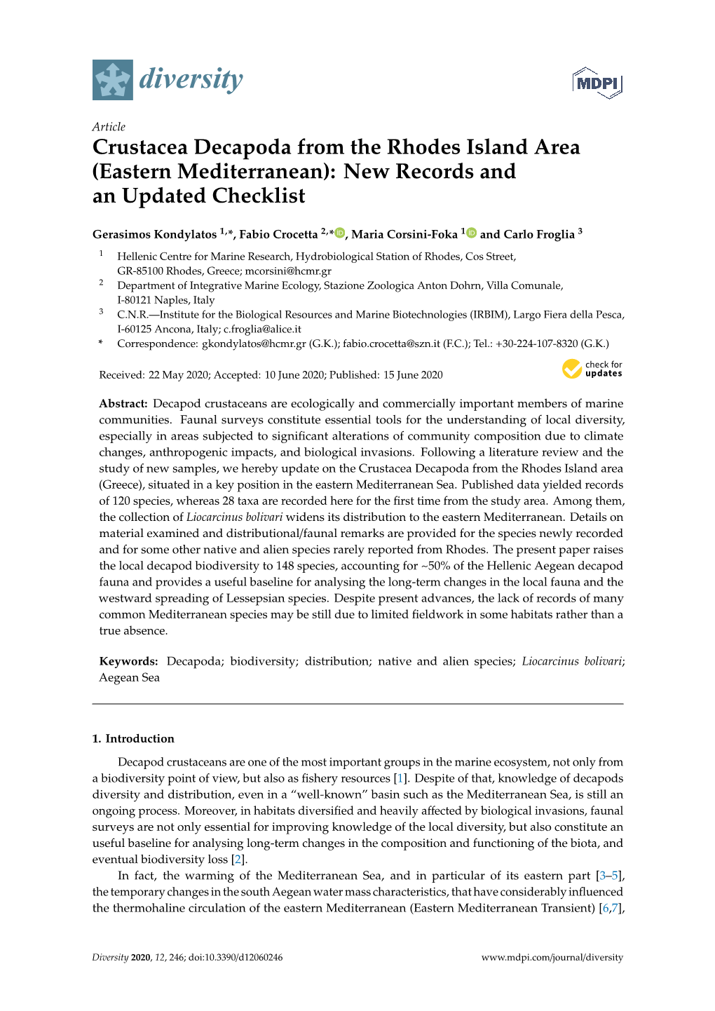 Crustacea Decapoda from the Rhodes Island Area (Eastern Mediterranean): New Records and an Updated Checklist