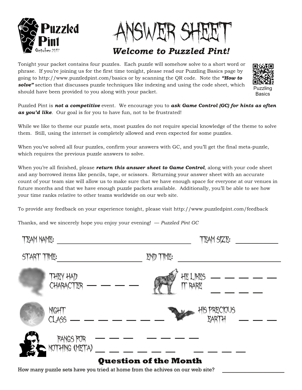 Answer Sheet October 2017 Welcome to Puzzled Pint!