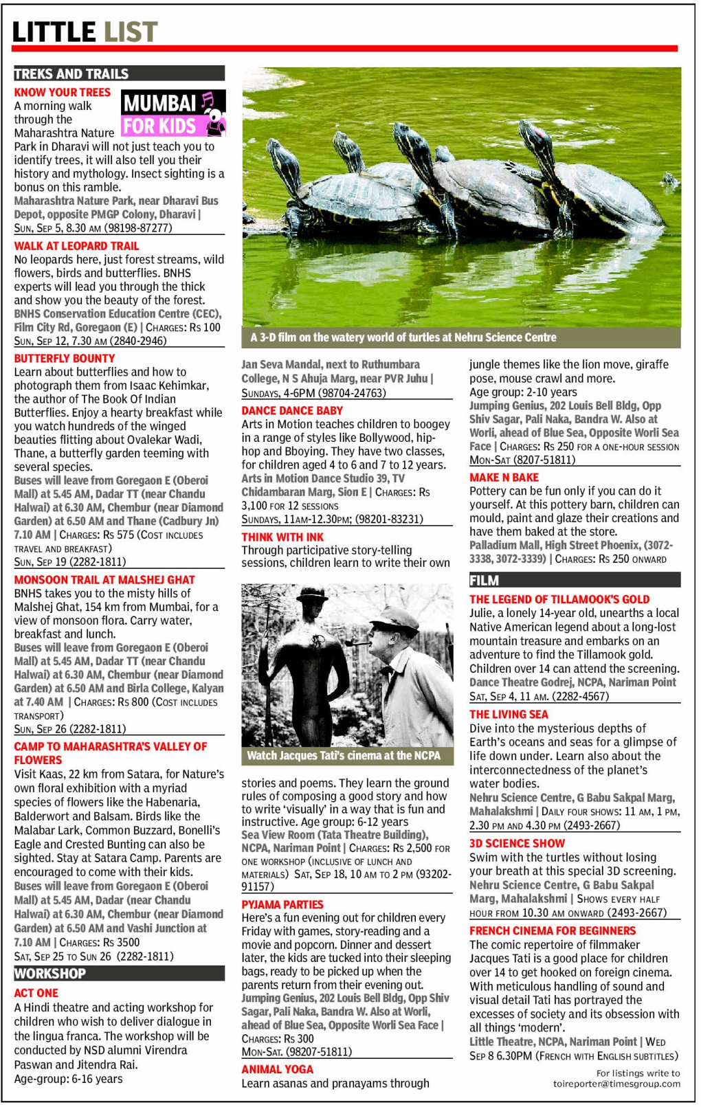 Children Treks Workshops – TOI 3 Sep 2010 – Mumbai for Kids