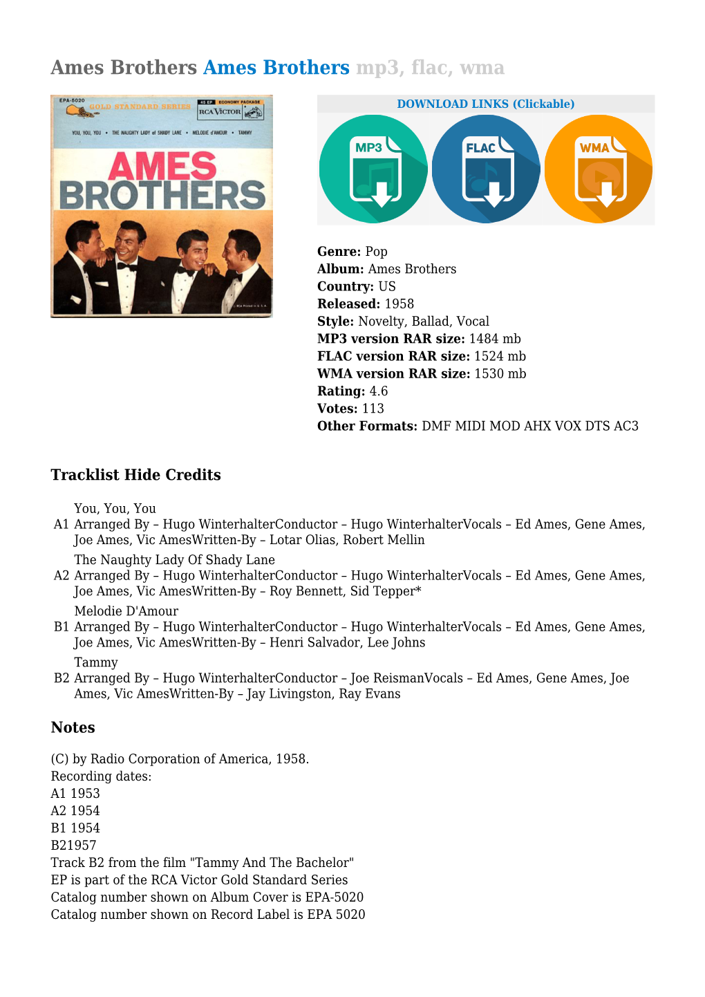 Ames Brothers Ames Brothers Mp3, Flac, Wma