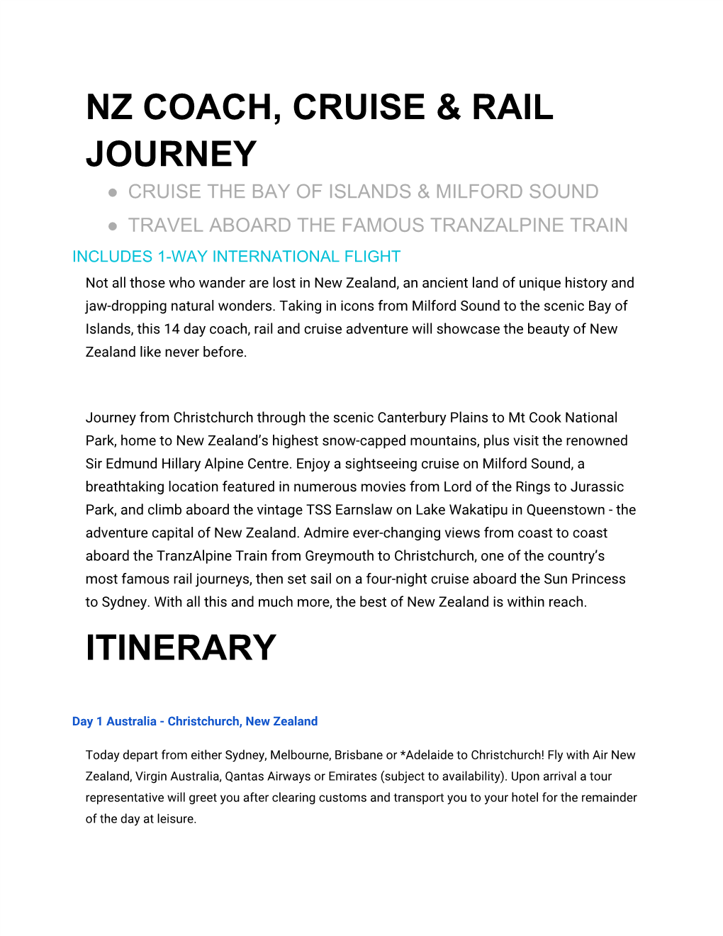 Nz Coach, Cruise & Rail Journey Itinerary