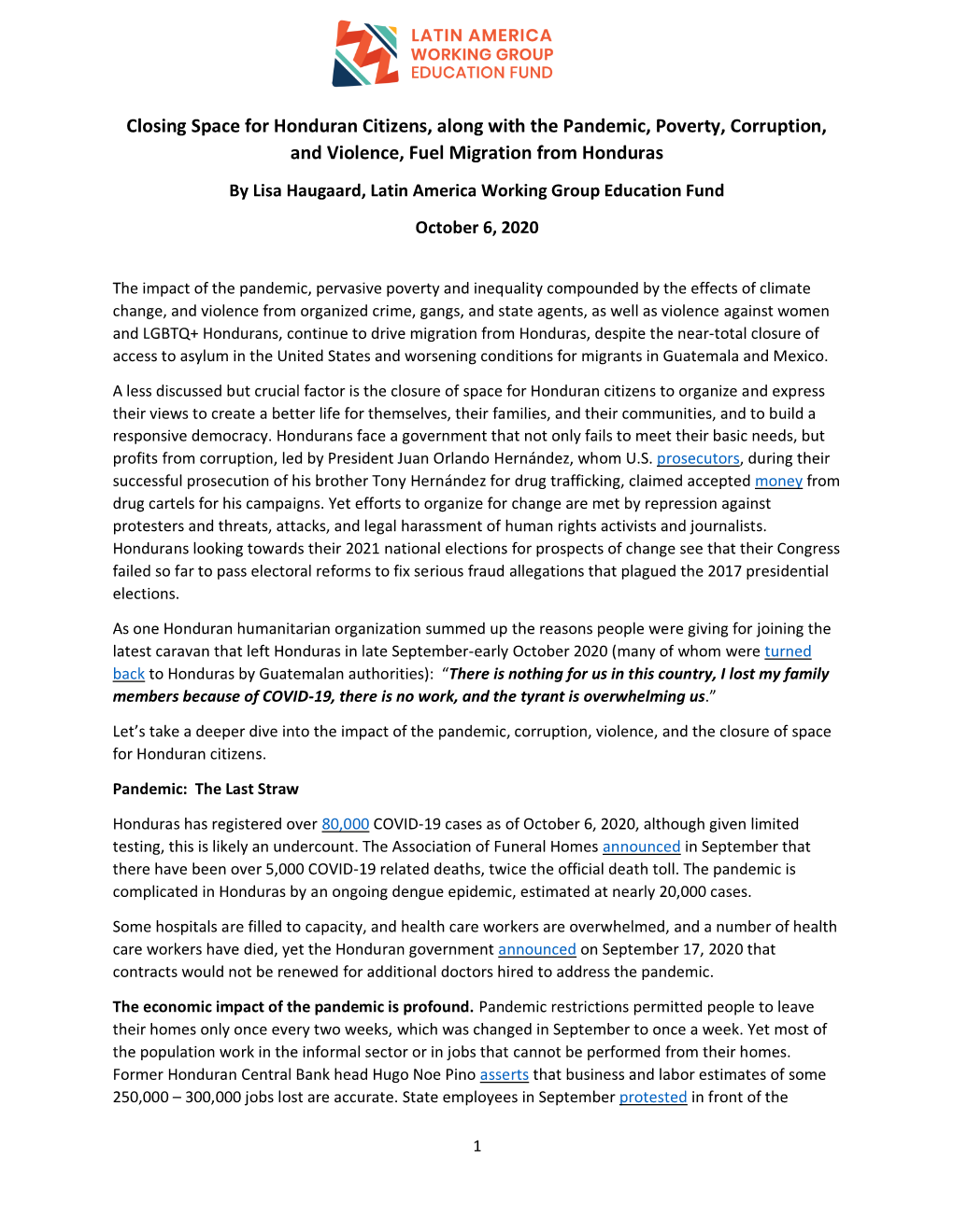 Closing Space for Honduran Citizens, Along with the Pandemic, Poverty, Corruption, and Violence, Fuel Migration from Honduras