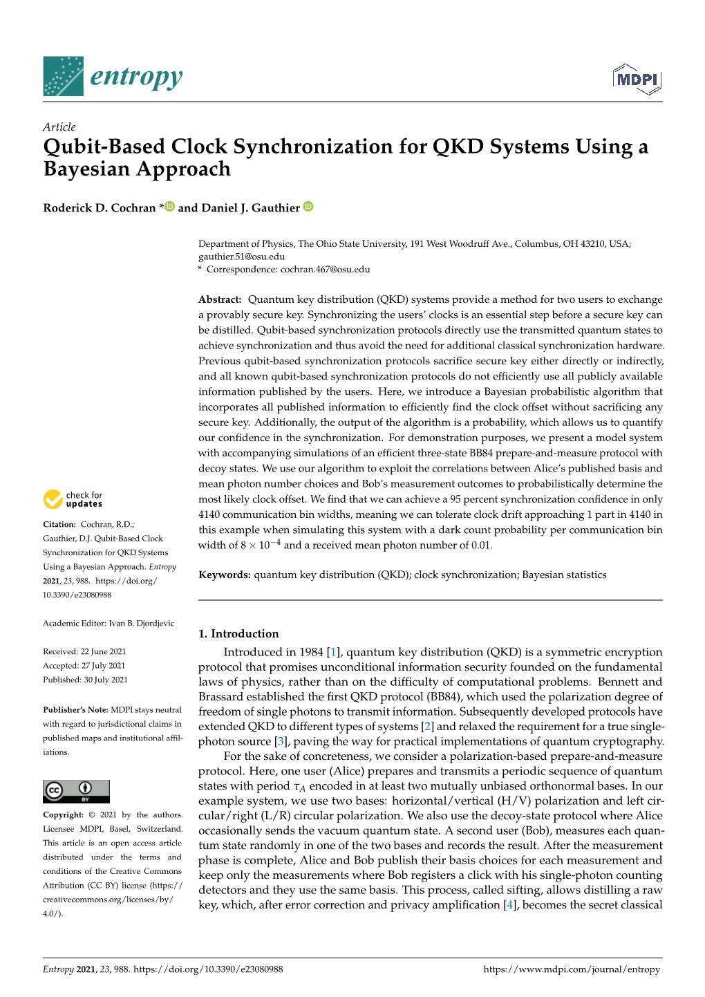 Qubit-Based Clock Synchronization for QKD Systems Using a Bayesian Approach