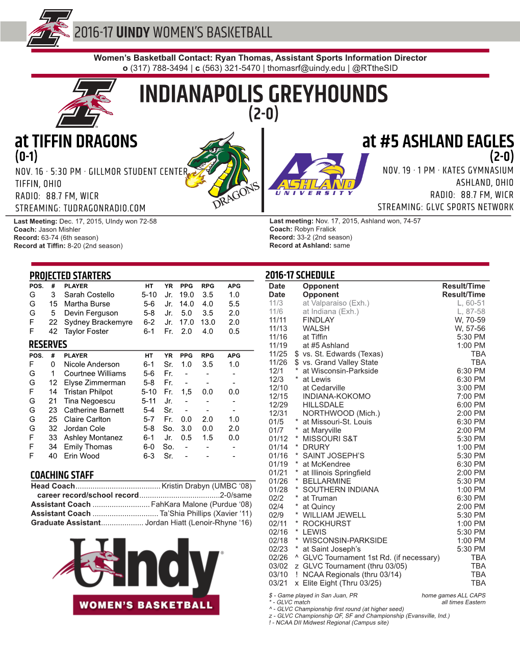 INDIANAPOLIS GREYHOUNDS (2-0) at TIFFIN DRAGONS at #5 ASHLAND EAGLES (0-1) (2-0) NOV