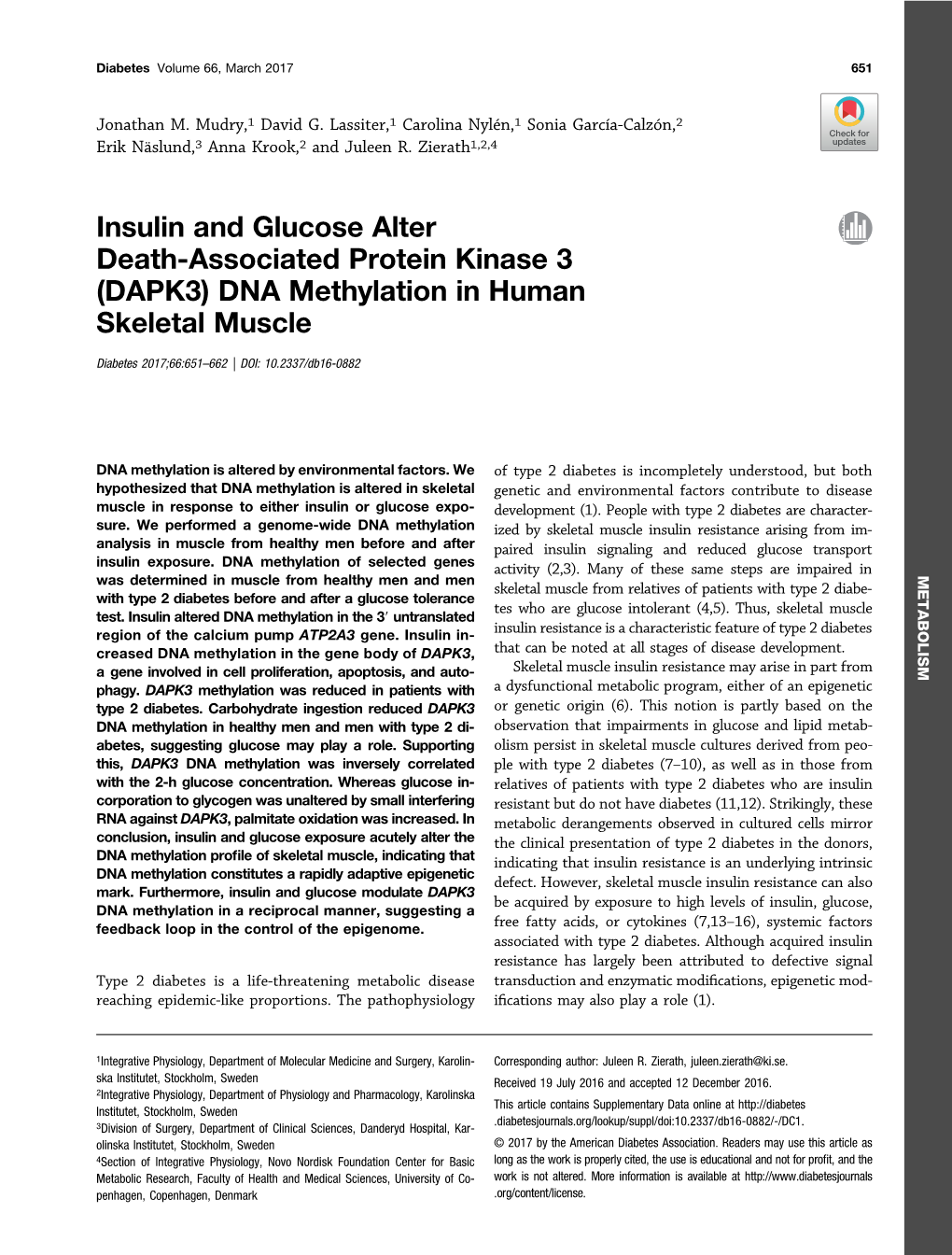 (DAPK3) DNA Methylation in Human Skeletal Muscle