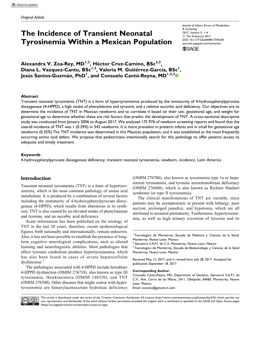 The Incidence of Transient Neonatal Tyrosinemia Within a Mexican