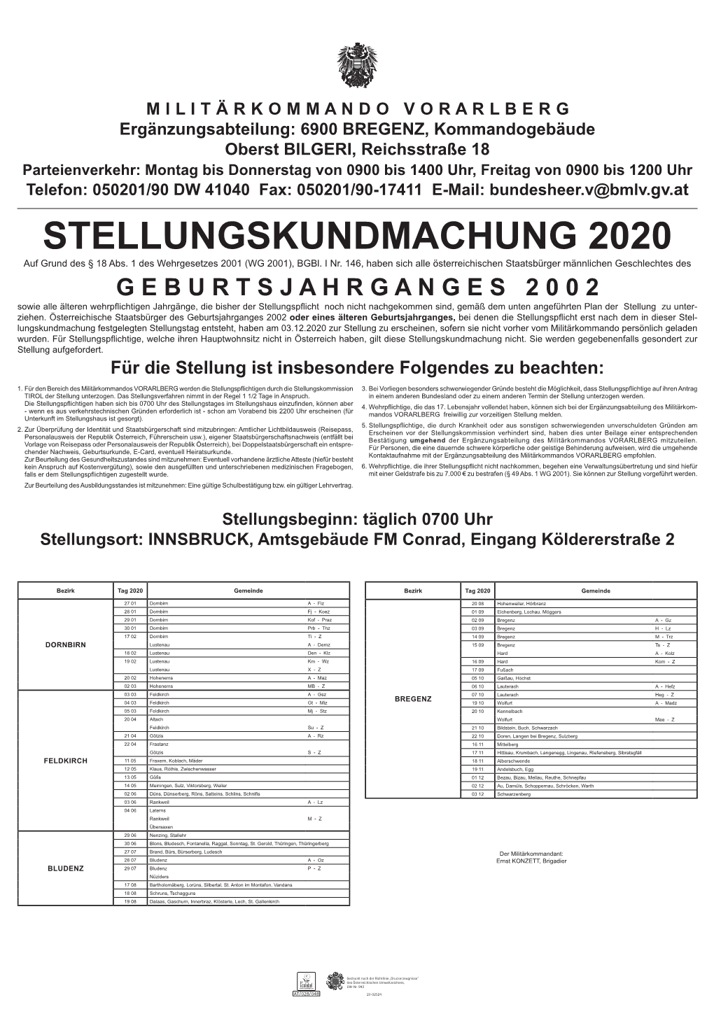 Stellungskundmachung 2019 V