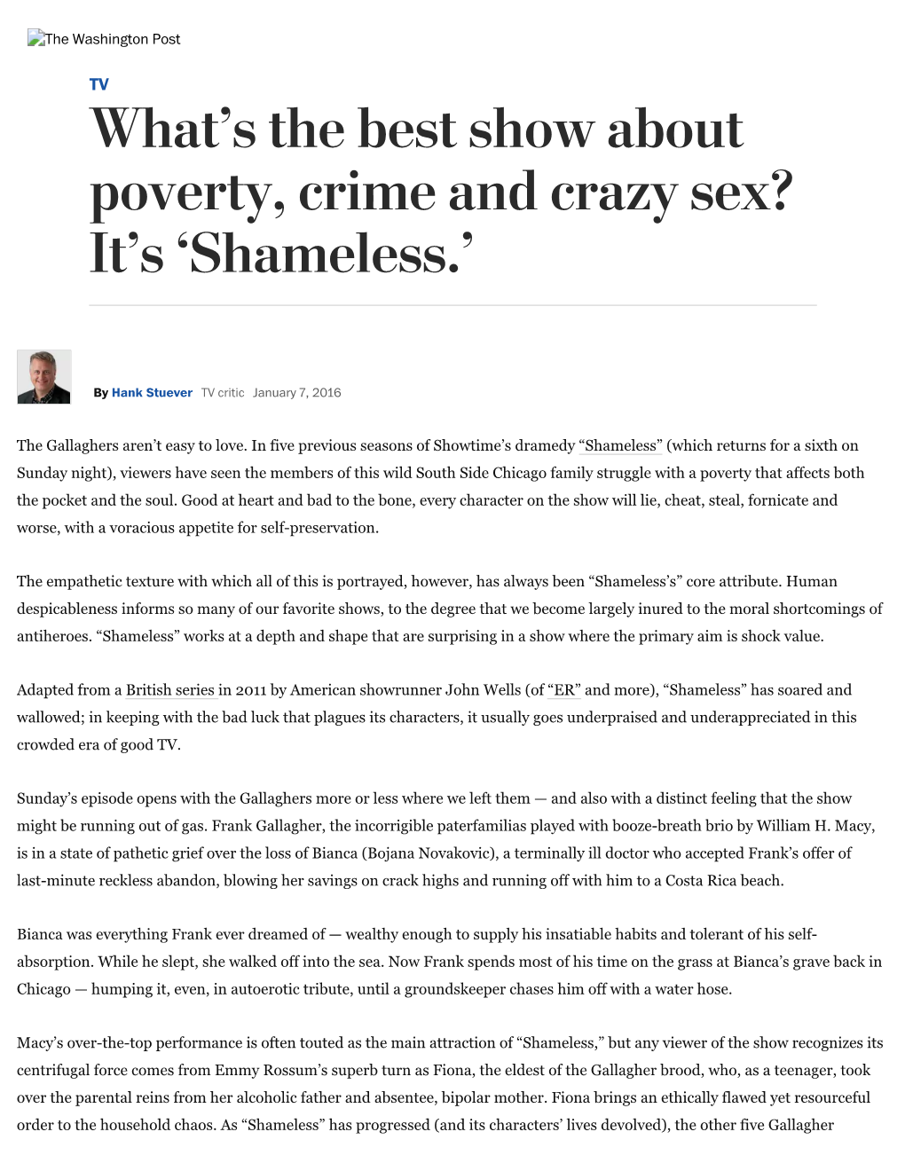 What's the Best Show About Poverty, Crime and Crazy Sex? It's 'Shameless.'