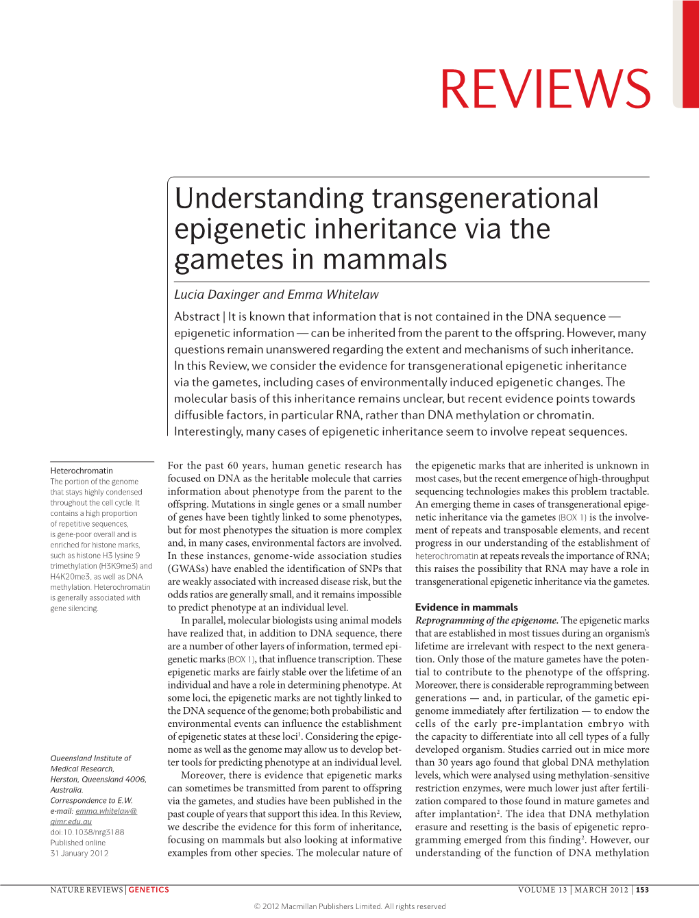 Understanding Transgenerational Epigenetic Inheritance Via the Gametes in Mammals