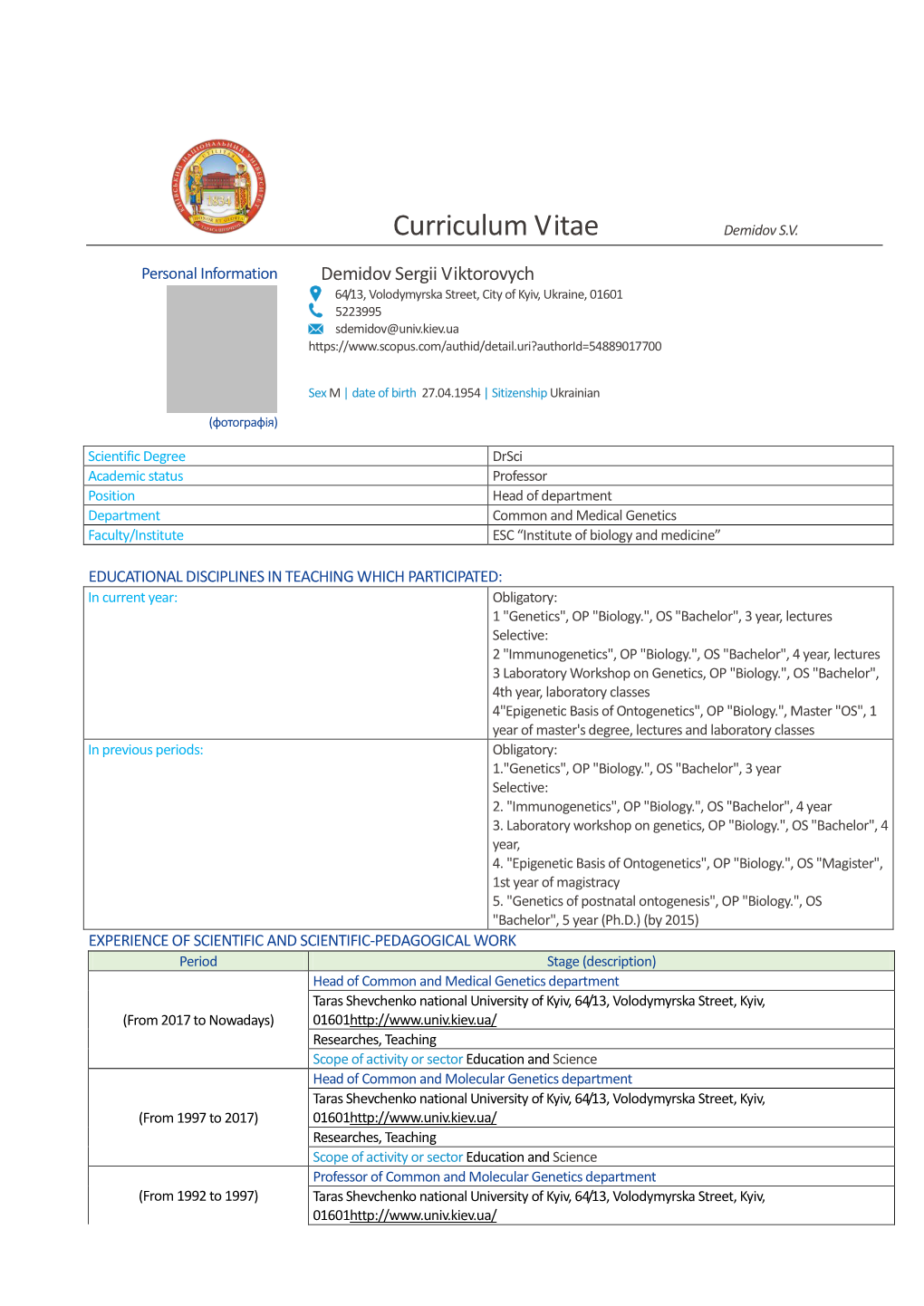 Curriculum Vitae Demidov S.V