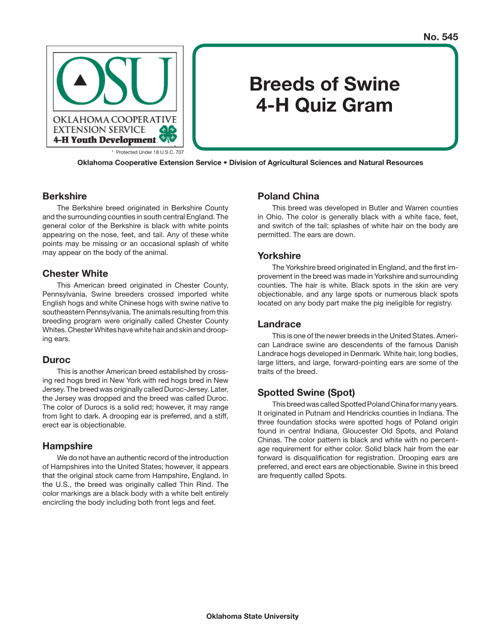 Breeds of Swine 4-H Quiz Gram