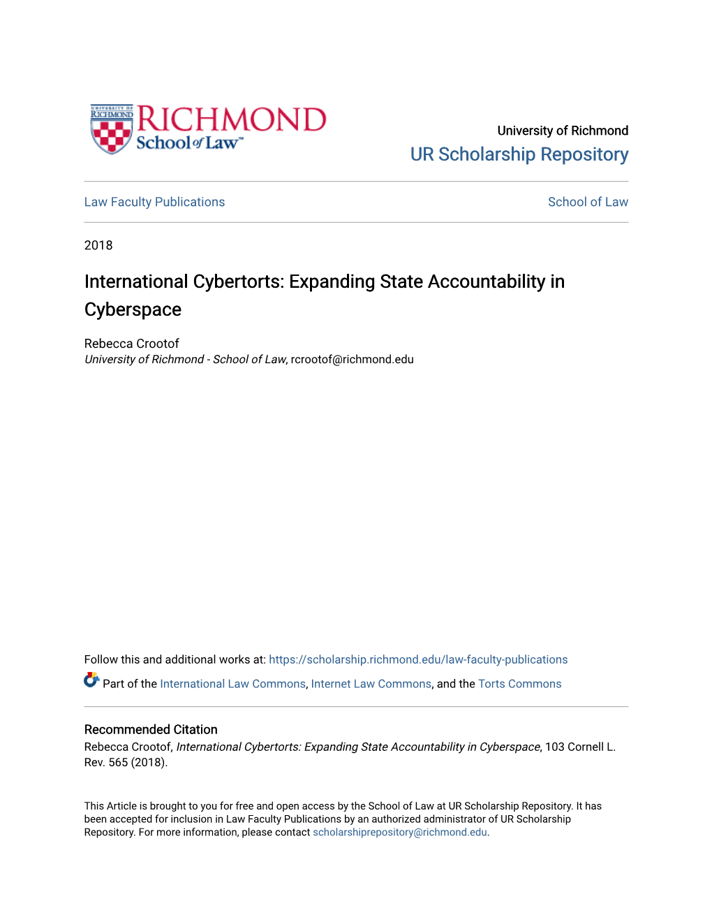International Cybertorts: Expanding State Accountability in Cyberspace