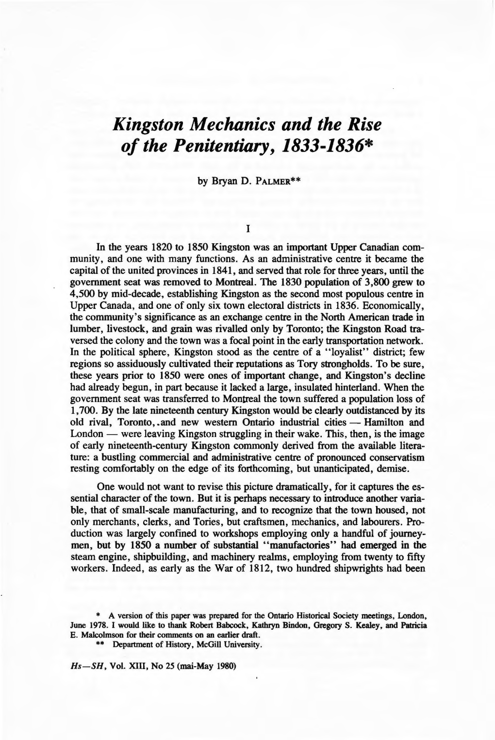 Kingston Mechanics and the Rise of the Penitentiary, 1833-1836*
