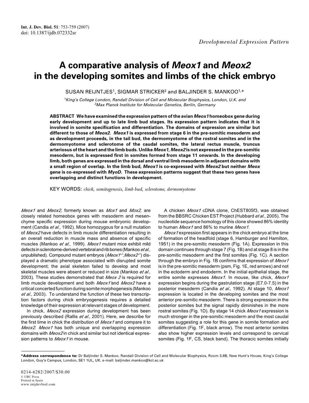 A Comparative Analysis of Meox1 and Meox2 in the Developing Somites and Limbs of the Chick Embryo