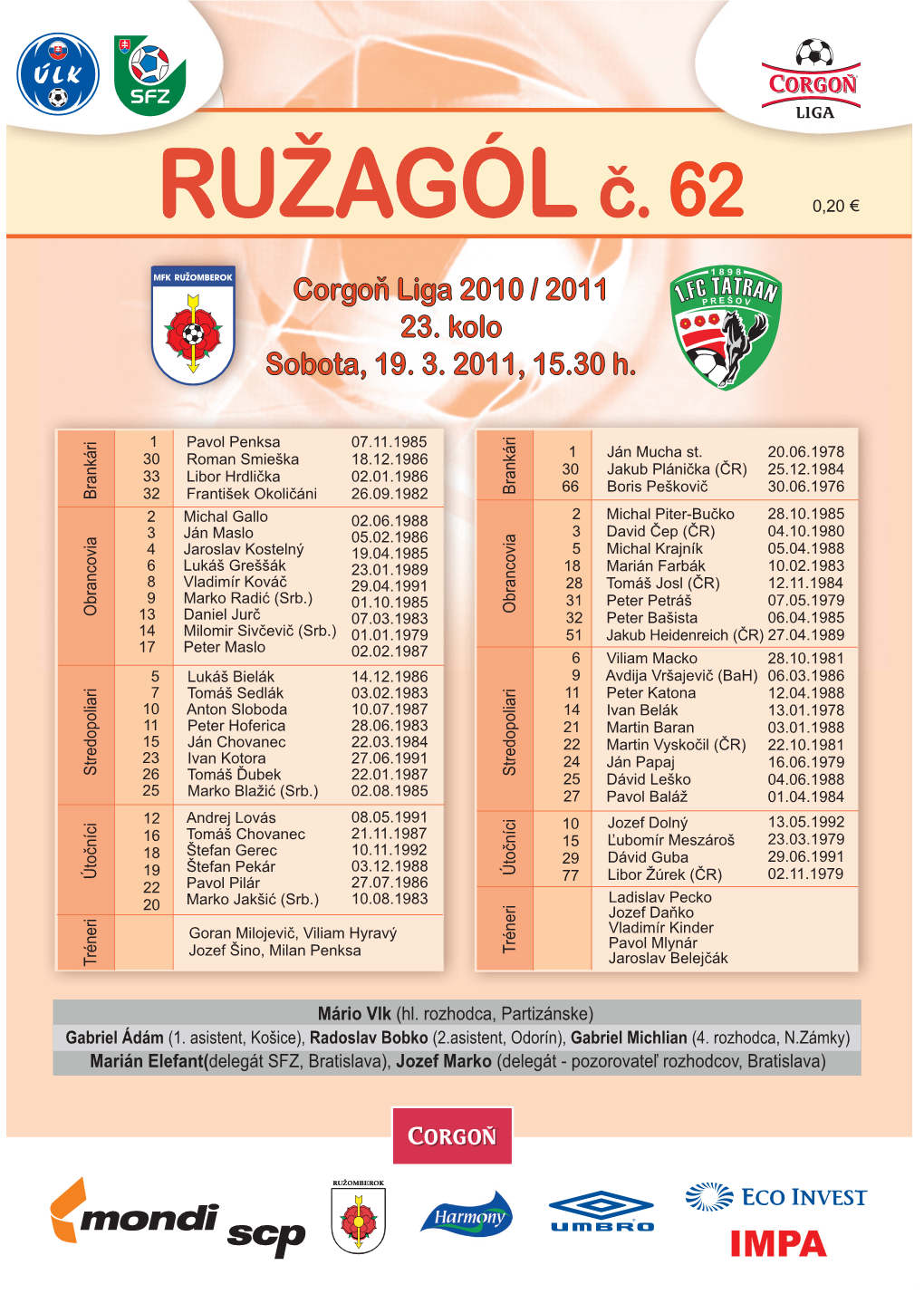 Corgon Liga 2010 / 2011 23. Kolo Sobota, 19. 3. 2011, 15.30 H