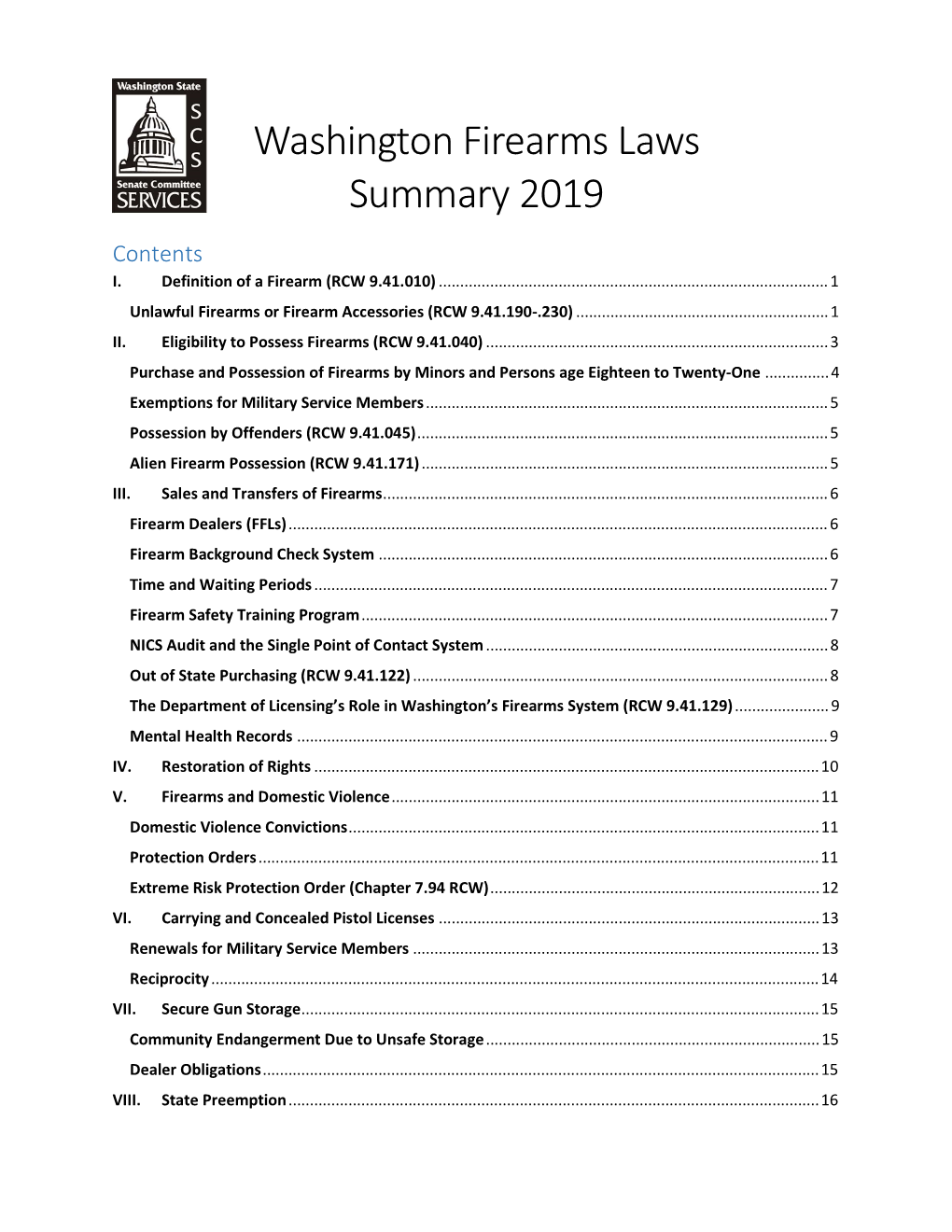 Washington Firearms Laws Summary 2019 Contents I