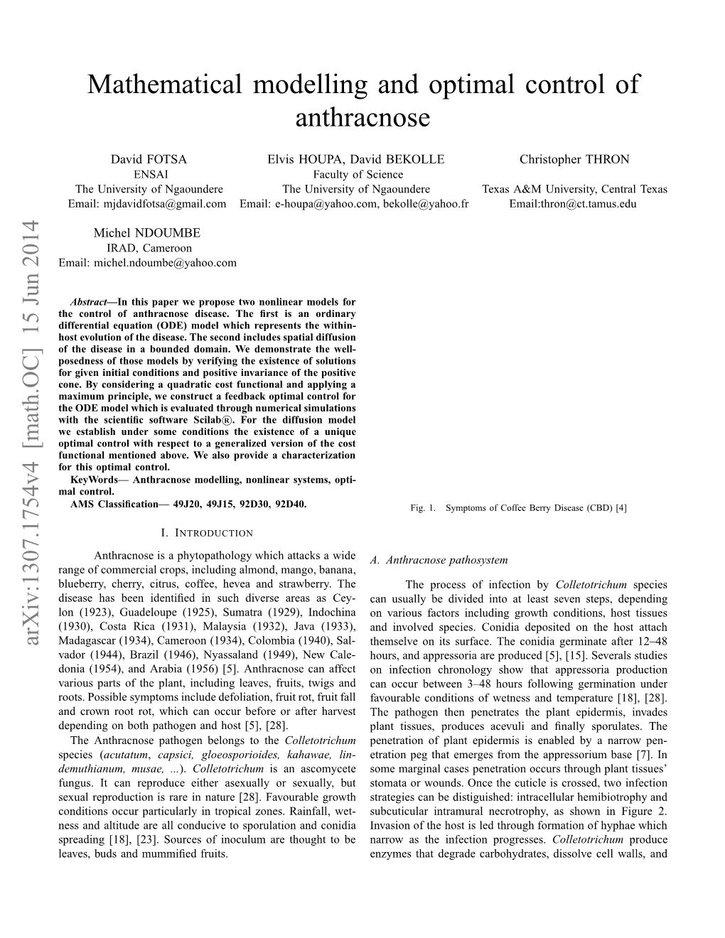 Mathematical Modelling and Optimal Control of Anthracnose