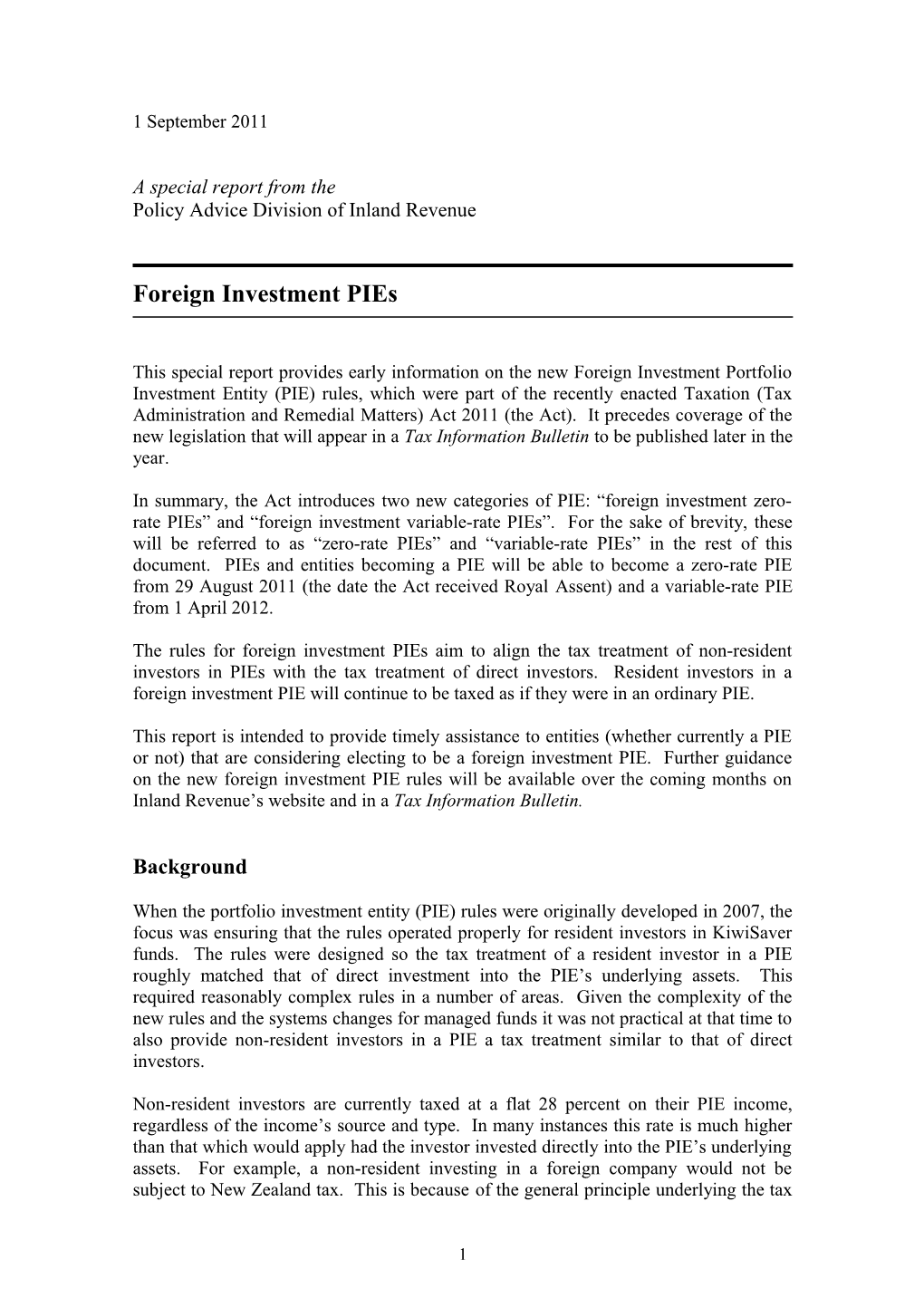 Special Report on Foreign Investment Pies