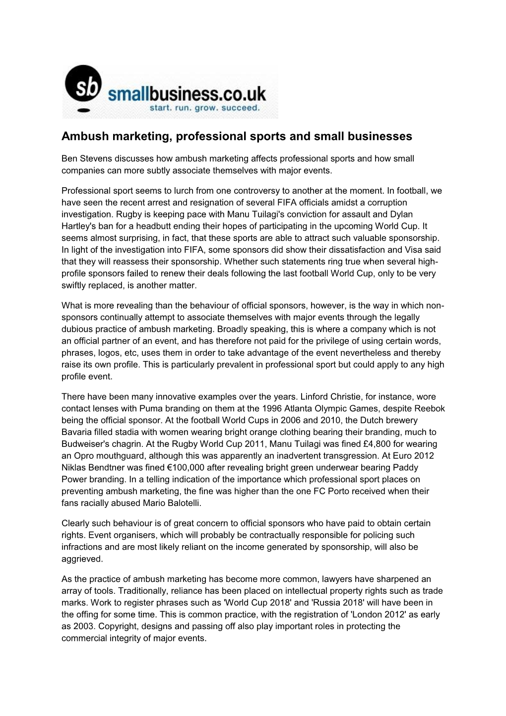Ambush Marketing, Professional Sports and Small Businesses