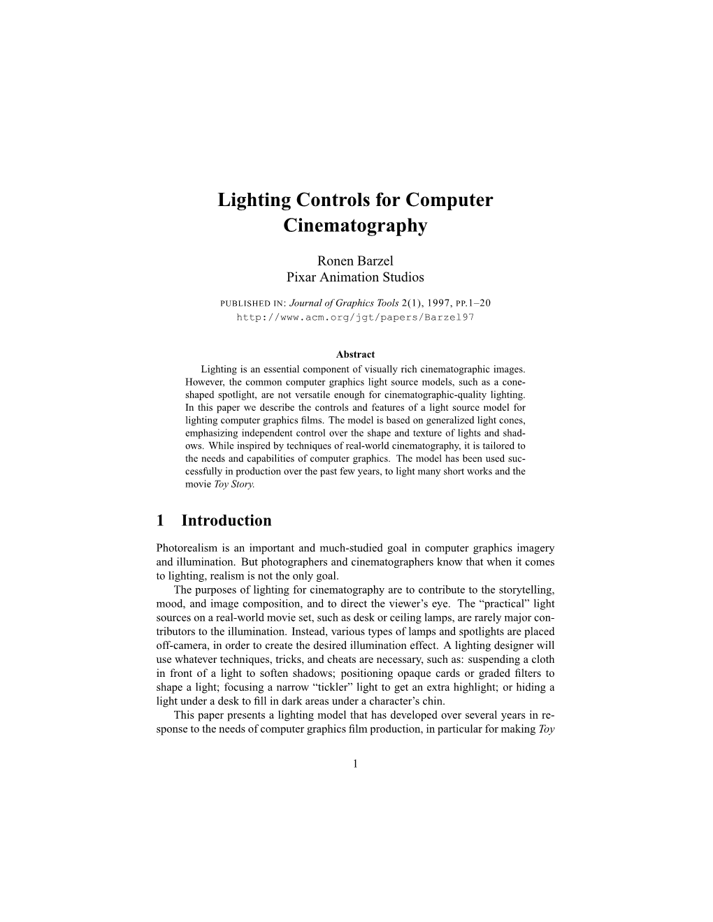 Lighting Controls for Computer Cinematography