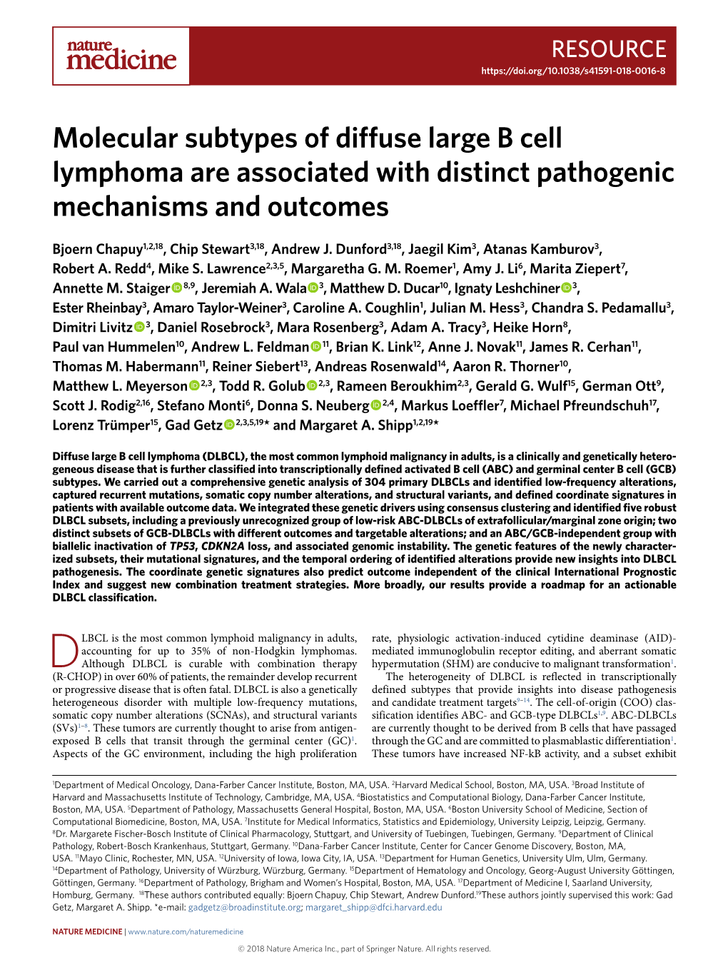 Molecular Subtypes of Diffuse Large B Cell Lymphoma Are Associated with Distinct Pathogenic Mechanisms and Outcomes