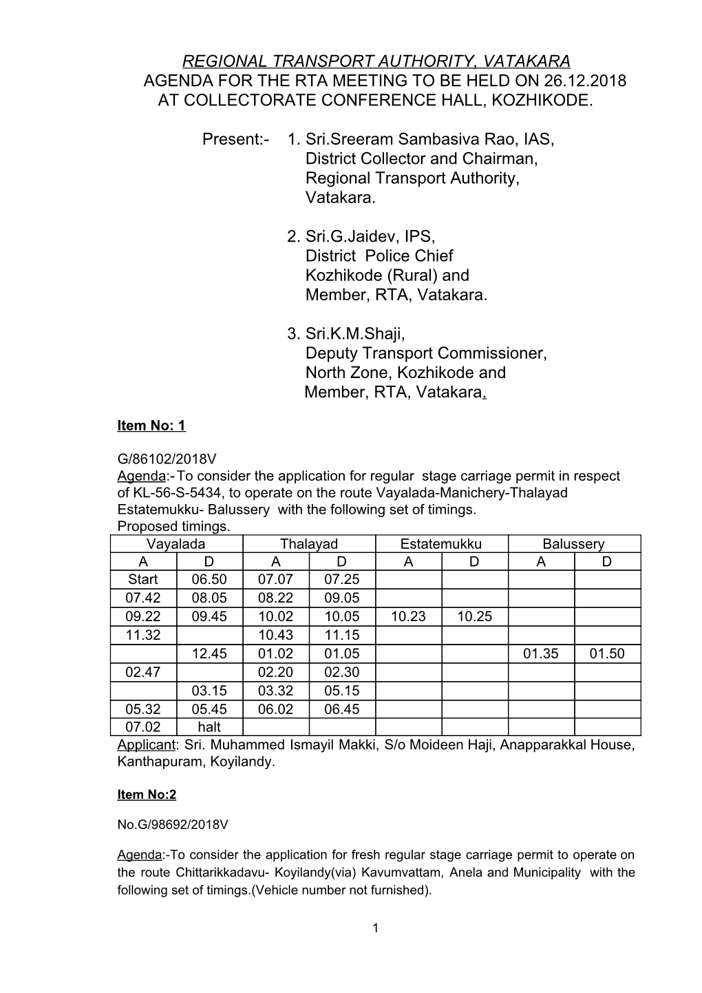 Regional Transport Authority, Vatakara Agenda for the Rta Meeting to Be Held on 26.12.2018 at Collectorate Conference Hall, Kozhikode