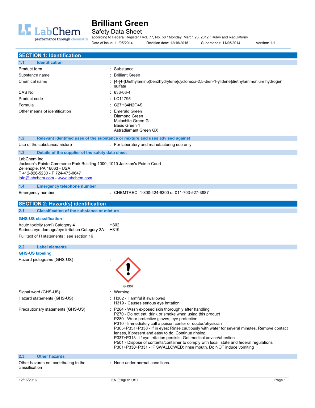 Brilliant Green Safety Data Sheet According to Federal Register / Vol