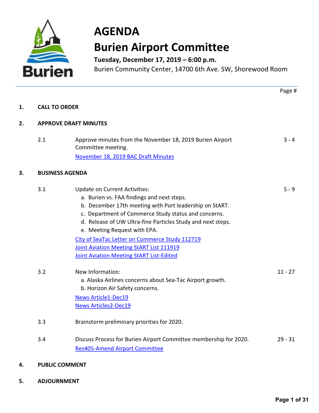 Burien Airport Committee Tuesday, December 17, 2019 – 6:00 P.M