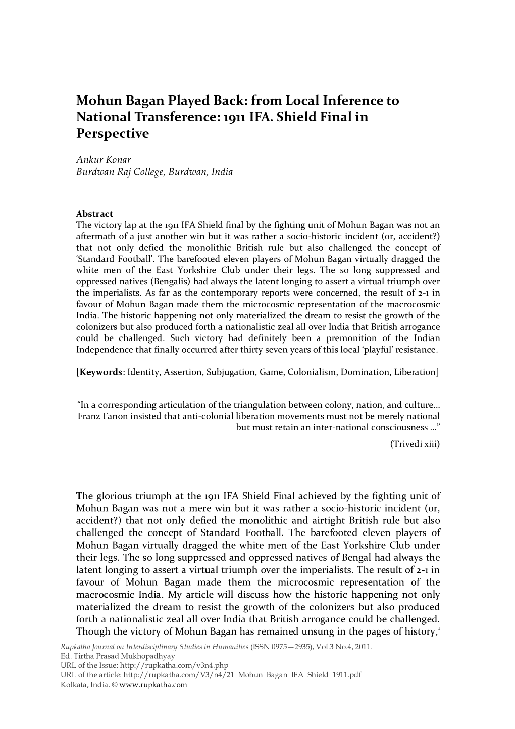 Mohun Bagan Played Back: from Local Inference to National Transference: 1911 IFA. Shield Final in Perspective