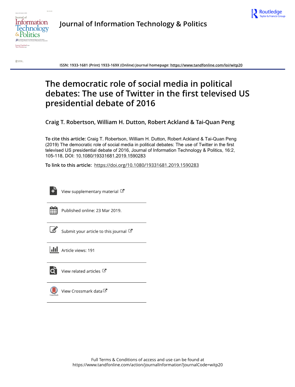 The Democratic Role of Social Media in Political Debates: the Use of Twitter in the First Televised US Presidential Debate of 2016