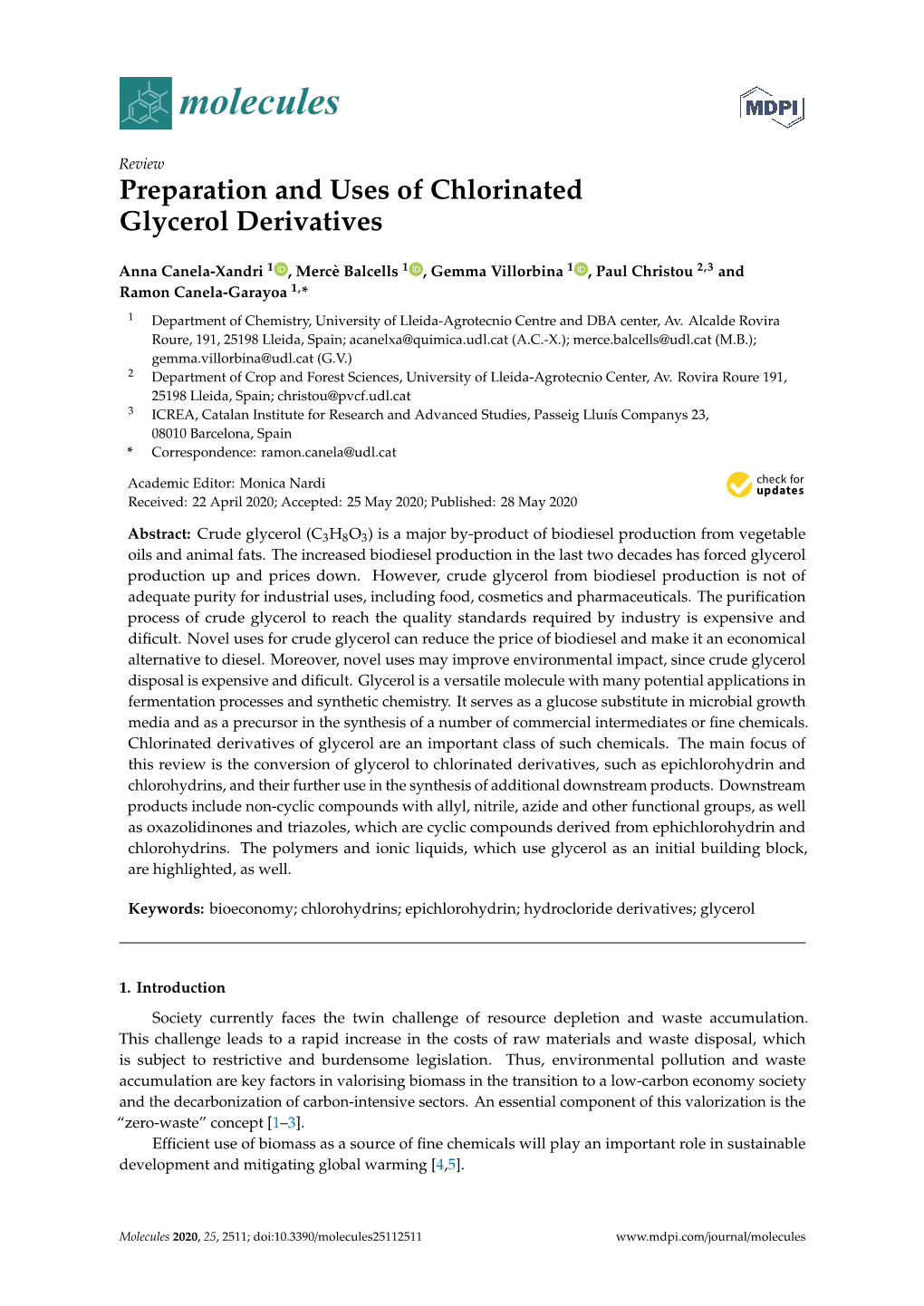 Preparation and Uses of Chlorinated Glycerol Derivatives