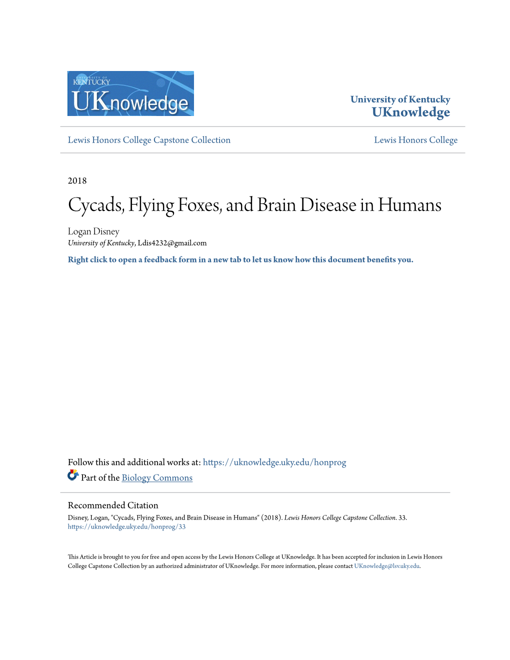 Cycads, Flying Foxes, and Brain Disease in Humans