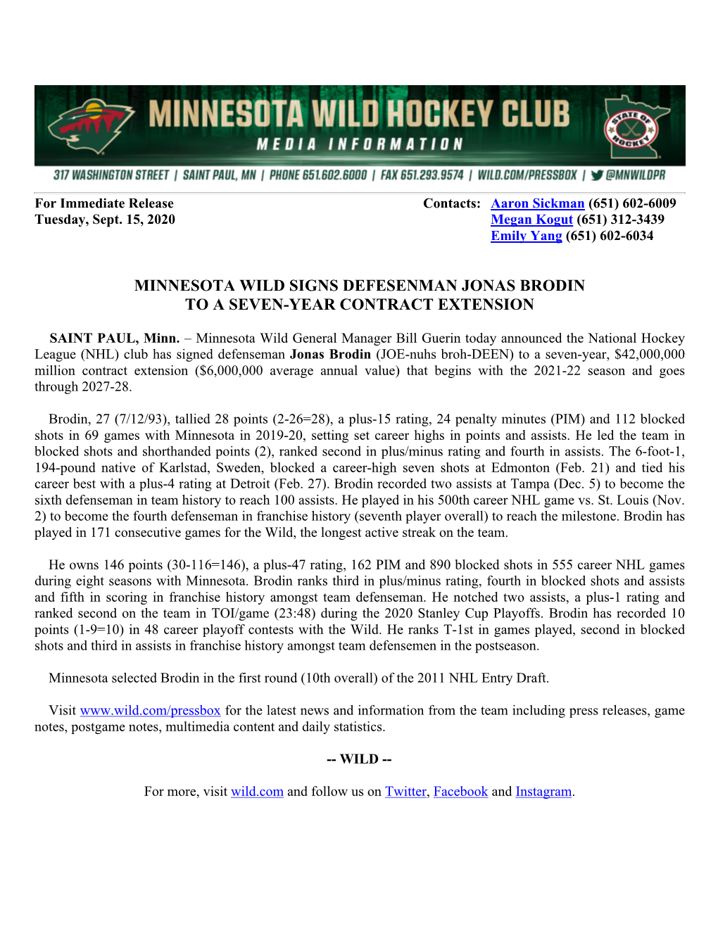 Minnesota Wild Signs Defesenman Jonas Brodin to a Seven-Year Contract Extension