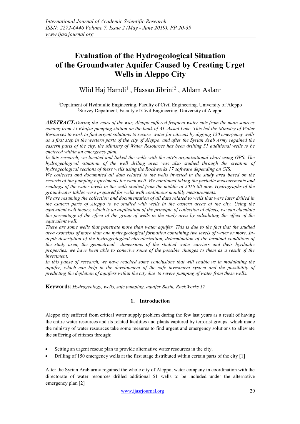 Evaluation of the Hydrogeological Situation of the Groundwater Aquifer Caused by Creating Urget Wells in Aleppo City