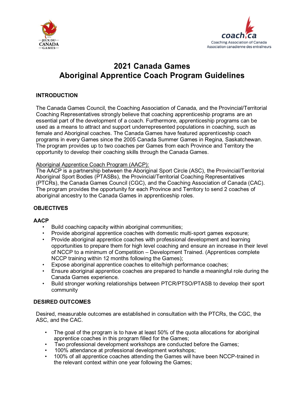 2021 Canada Games Aboriginal Apprentice Coach Program Guidelines