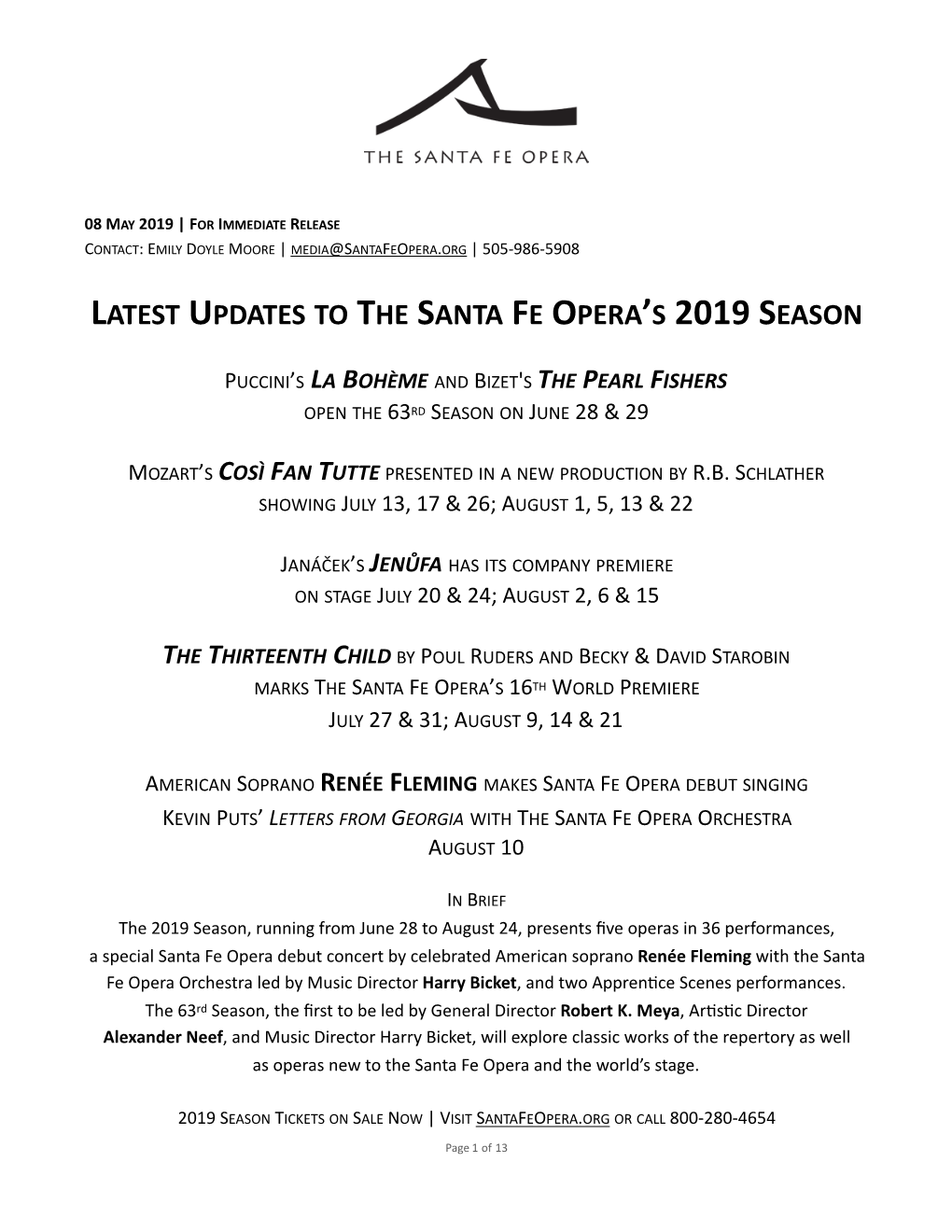 The Santa Fe Opera's 2019 Season