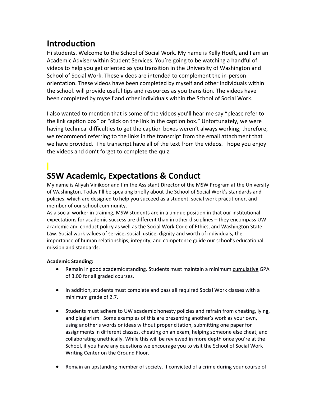 SSW Academic, Expectations & Conduct