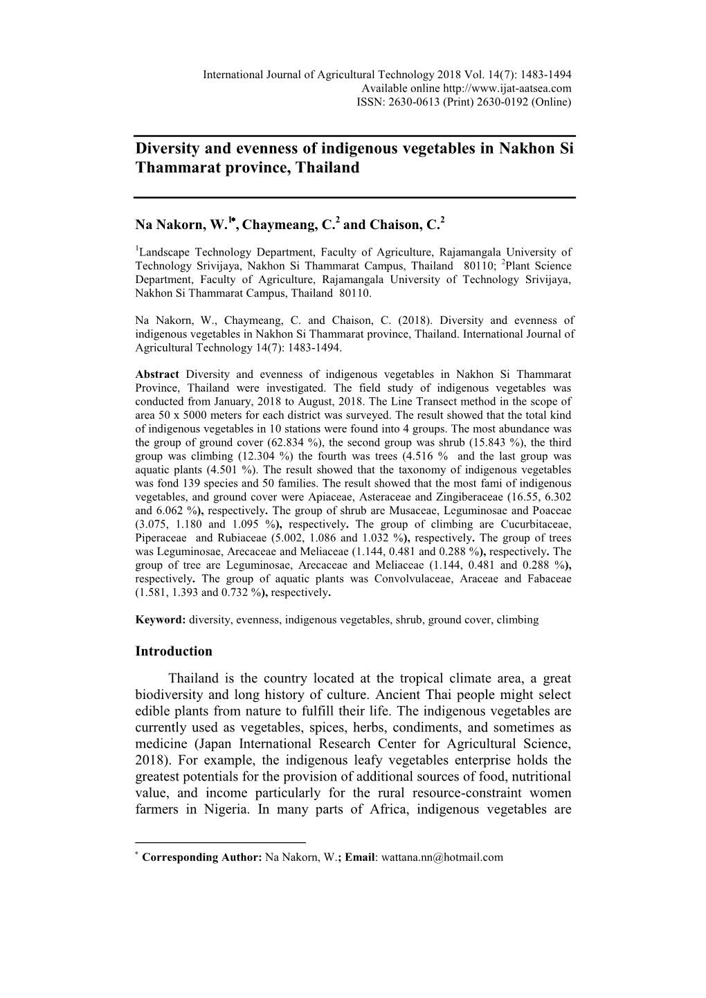 Diversity and Evenness of Indigenous Vegetables in Nakhon Si Thammarat Province, Thailand