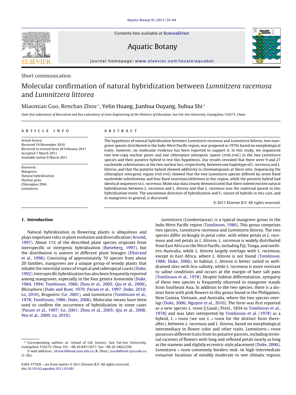 Molecular Confirmation of Natural Hybridization Between Lumnitzera