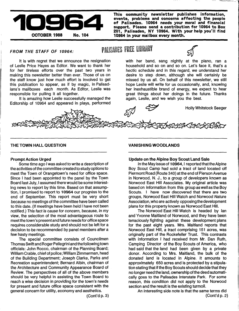 OCTOBER 1988 No. 104 This Community Newsletter Publishes