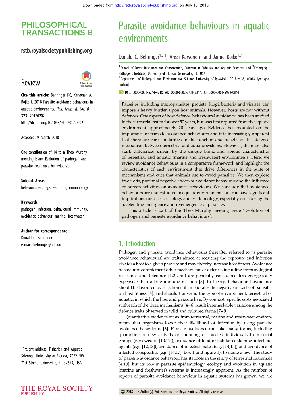 Parasite Avoidance Behaviours in Aquatic Environments Rstb.Royalsocietypublishing.Org Donald C